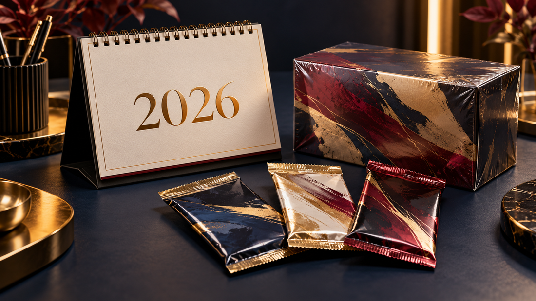Illustrated release-planning scene with a 2026 calendar, sealed trading-card packs and a collector box.