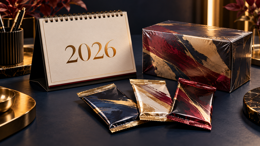 Illustrated release-planning scene with a 2026 calendar, sealed trading-card packs and a collector box.
