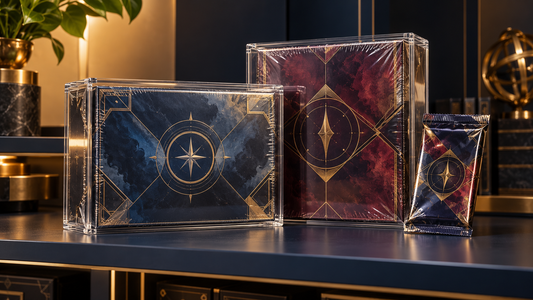 Illustrative sealed trading-card boxes protected in clear acrylic cases on a navy and gold display.