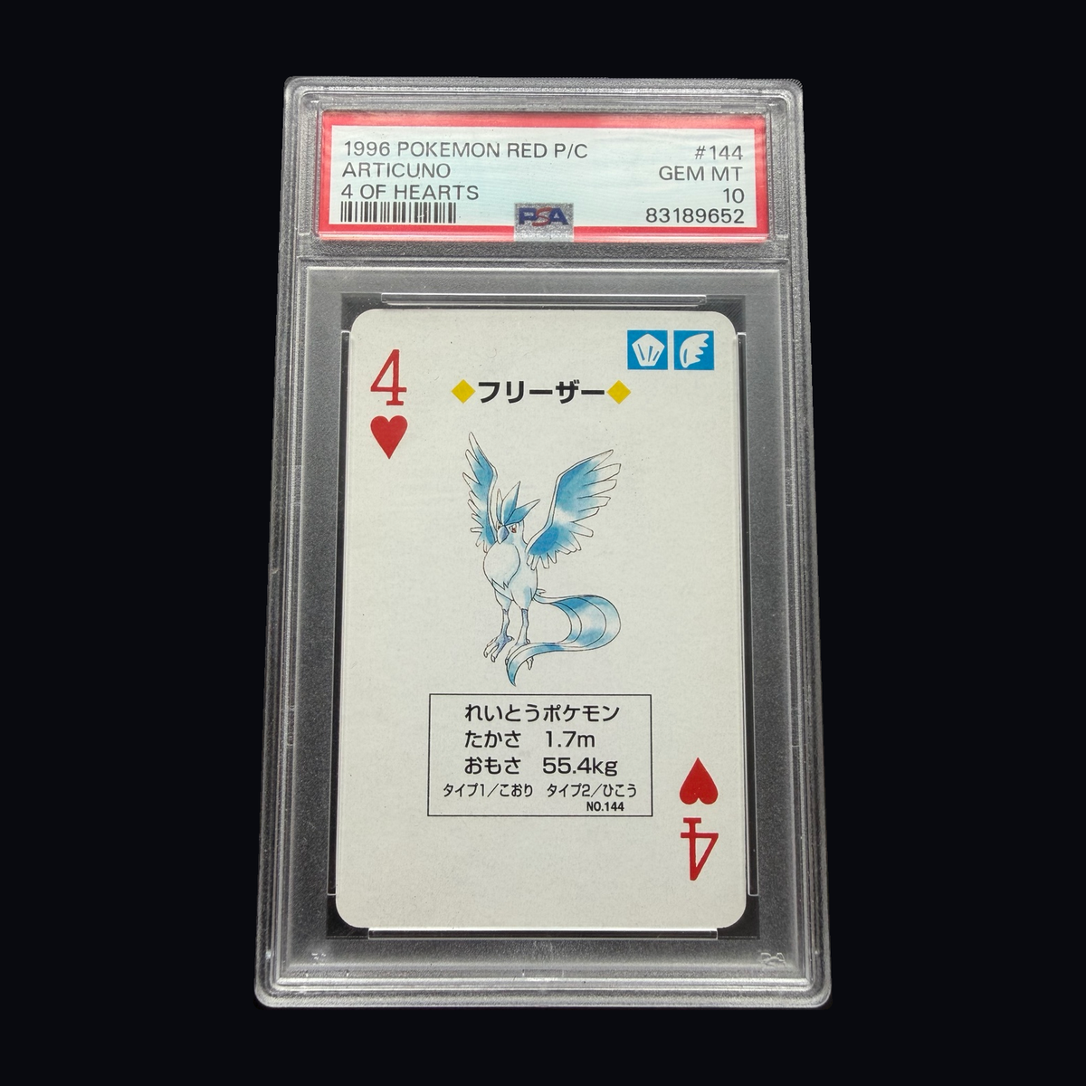 Pokémon: Articuno – 4 of Hearts 144 – 1996 Red Playing Cards – PSA 10 – actual front
