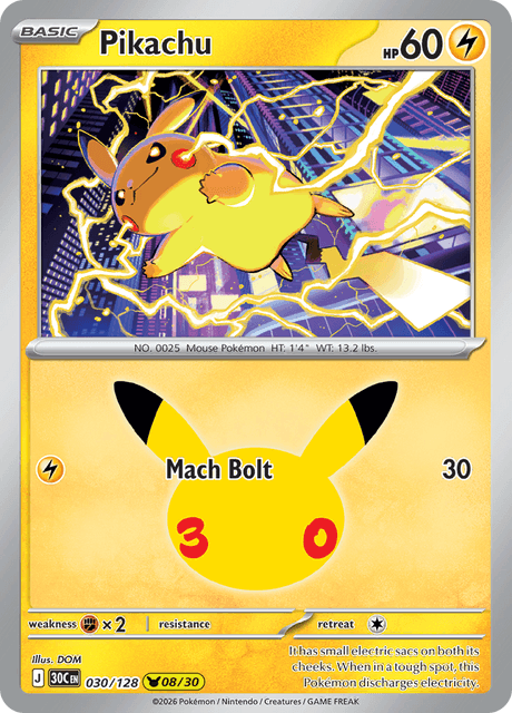 Pokémon: Pikachu 030/128 – 30th Celebration – Near Mint — catalogue reference image
