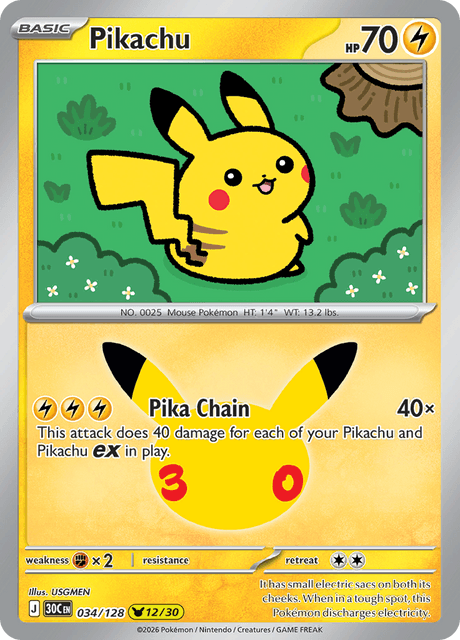 Pokémon: Pikachu 034/128 – 30th Celebration – Near Mint — catalogue reference image