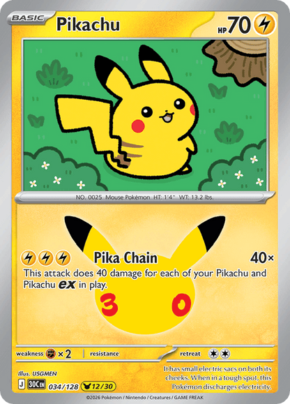 Pokémon: Pikachu 034/128 – 30th Celebration – Near Mint — catalogue reference image