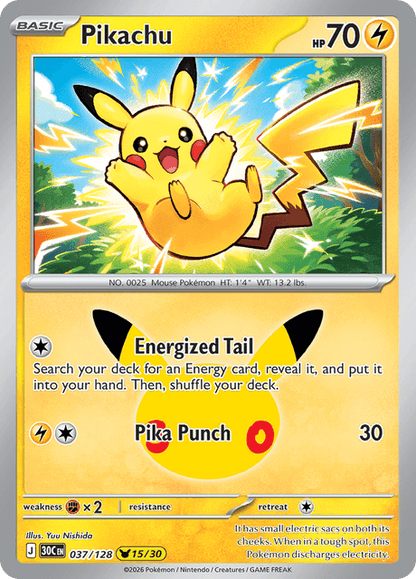 Pokémon: Pikachu 037/128 – 30th Celebration – Near Mint — catalogue reference image