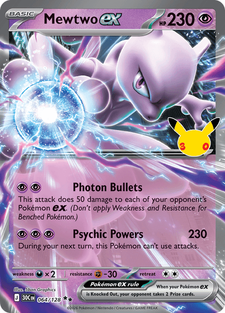 Pokémon: Mewtwo ex 064/128 – 30th Celebration – Near Mint — catalogue reference image