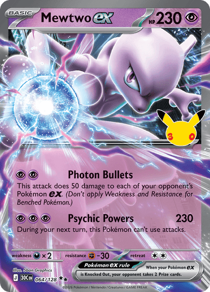 Pokémon: Mewtwo ex 064/128 – 30th Celebration – Near Mint — catalogue reference image