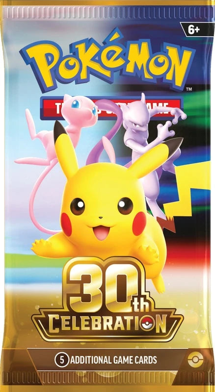 Pokémon TCG 30th Celebration single sealed booster pack — Pikachu, Mew and Mewtwo artwork