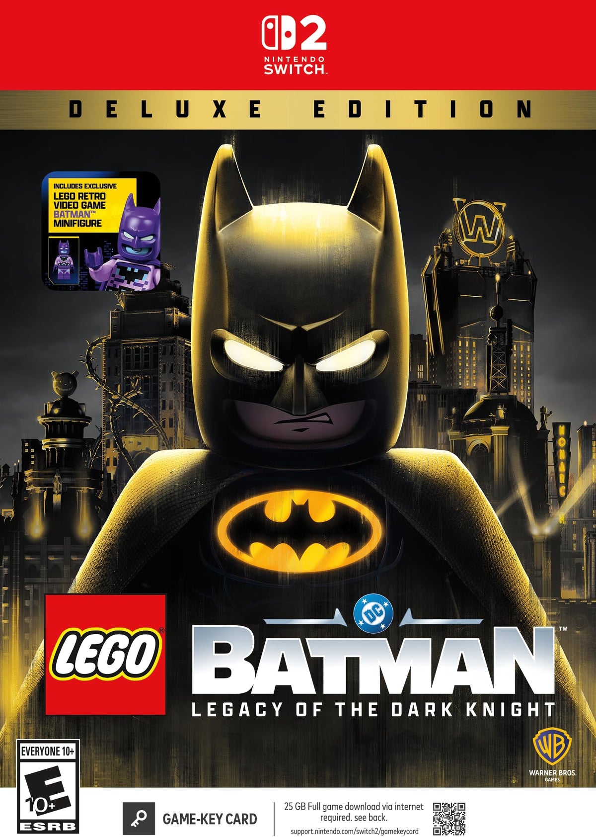 LEGO Batman Legacy of the Dark Knight Deluxe Edition Nintendo Switch 2 with Retro Batman minifigure — Game-Key Card